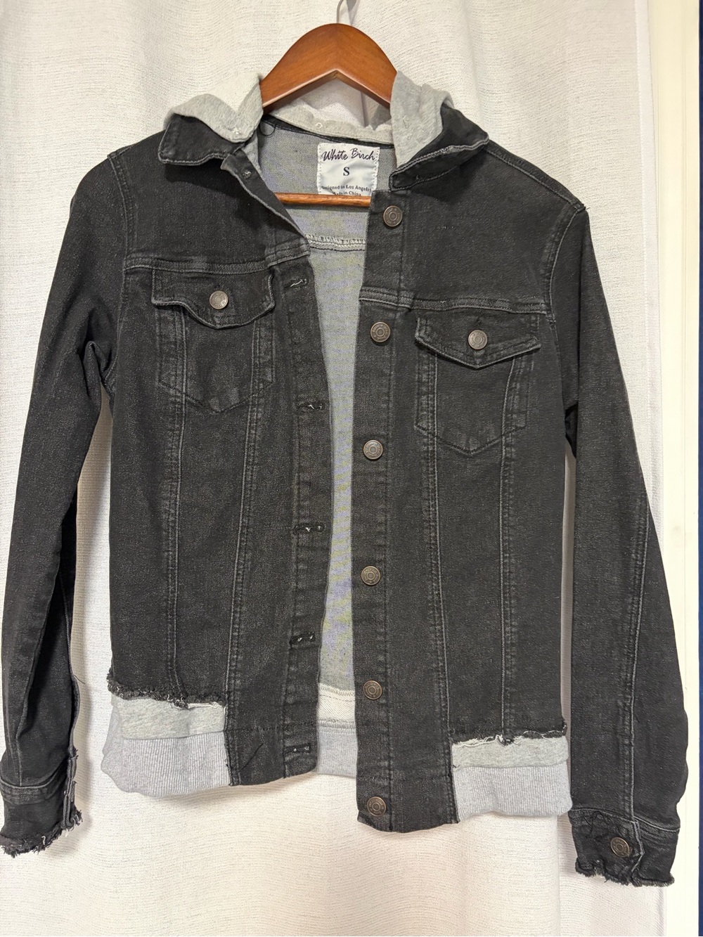 White Birch black stretch denim jacket with attached hood size S